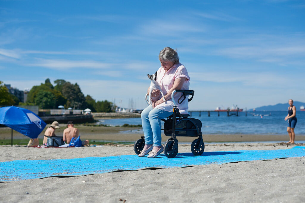 elderly lady sitting on a walker with a dog on a beach